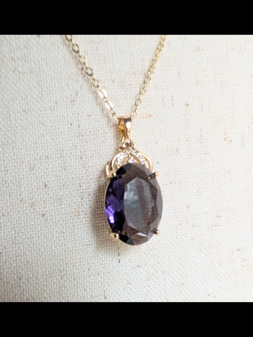 Gold Pendant Necklace with Deep Purple Oval Glass Gemstone - Picture 2 of 10